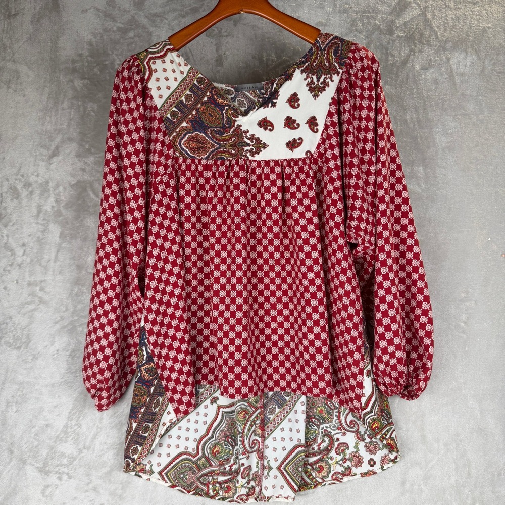 West Kei Red Paisley Mixed Print Balloon Sleeve Boho Blouse XL indie‎ boho